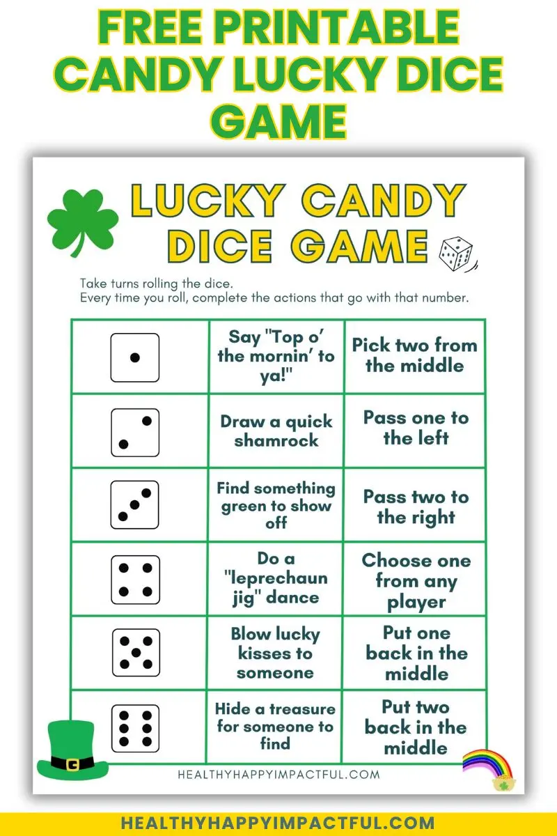 candy dice game free printable, lucky St Patrick's Day game idea