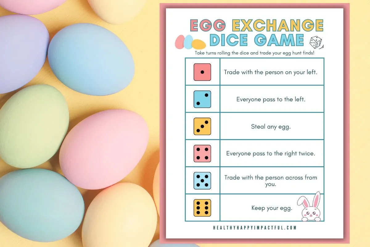 Easter egg dice game activity; free printable; hunt party; for kids