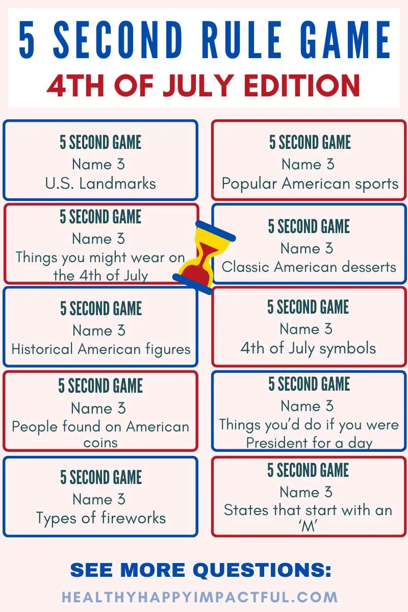 4th of July 5 second rule game printable, group games for Independence Day