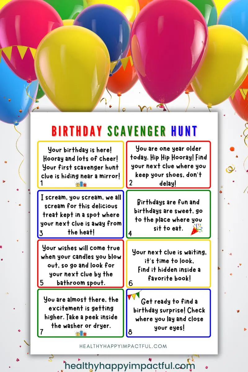 Happy birthday scavenger hunt printable fun; for toddler; gift; 5 year old; teens; clues