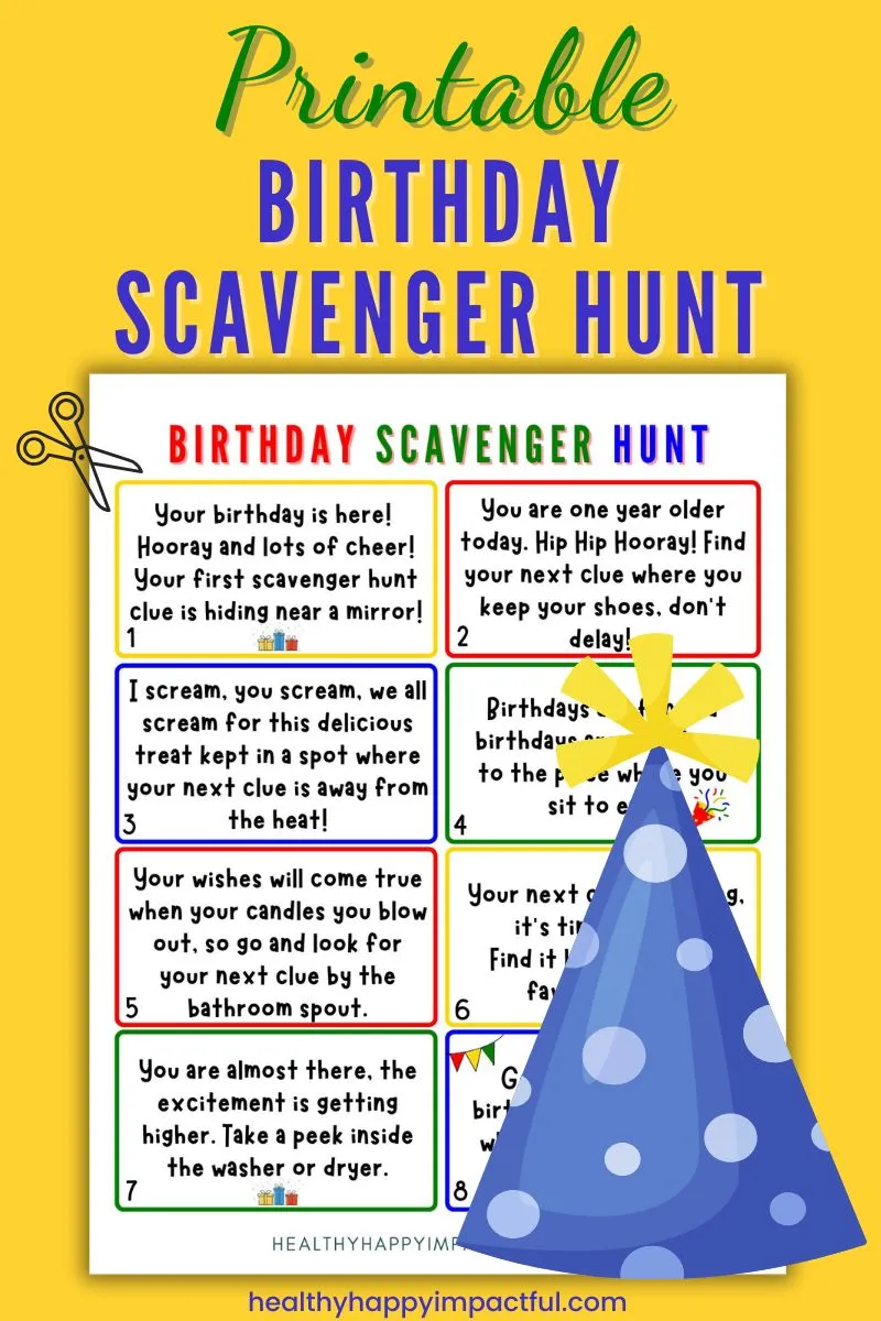 birthday scavenger hunt clues for kids and adults; free printable riddles rhyming; indoor fun; boys; girls