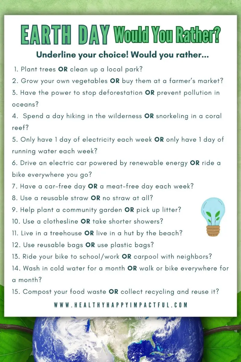 Earth Day worksheet printable questions, easy and hard options