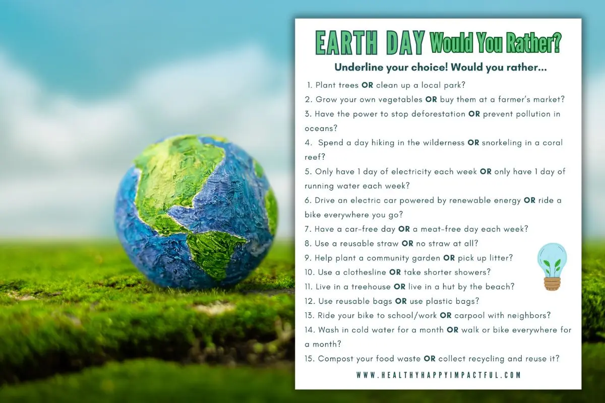 Earth Day printable would you rather game for kids and adults, classroom strudents