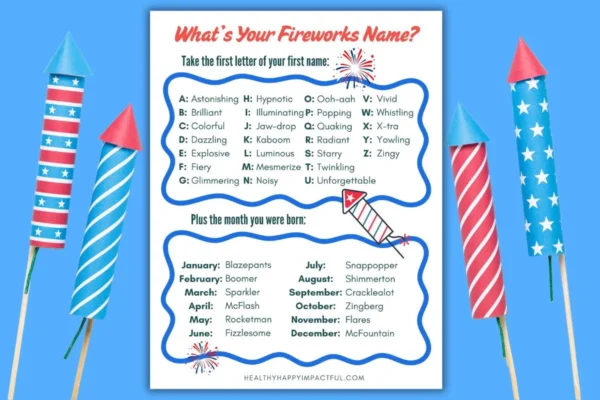 firecracker names; fireworks; july 4th activities; printable free