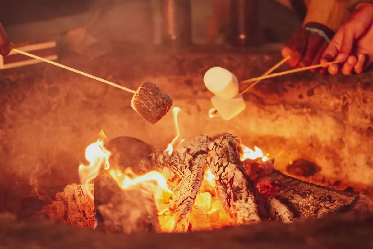 roasting s'mores at a bonfire