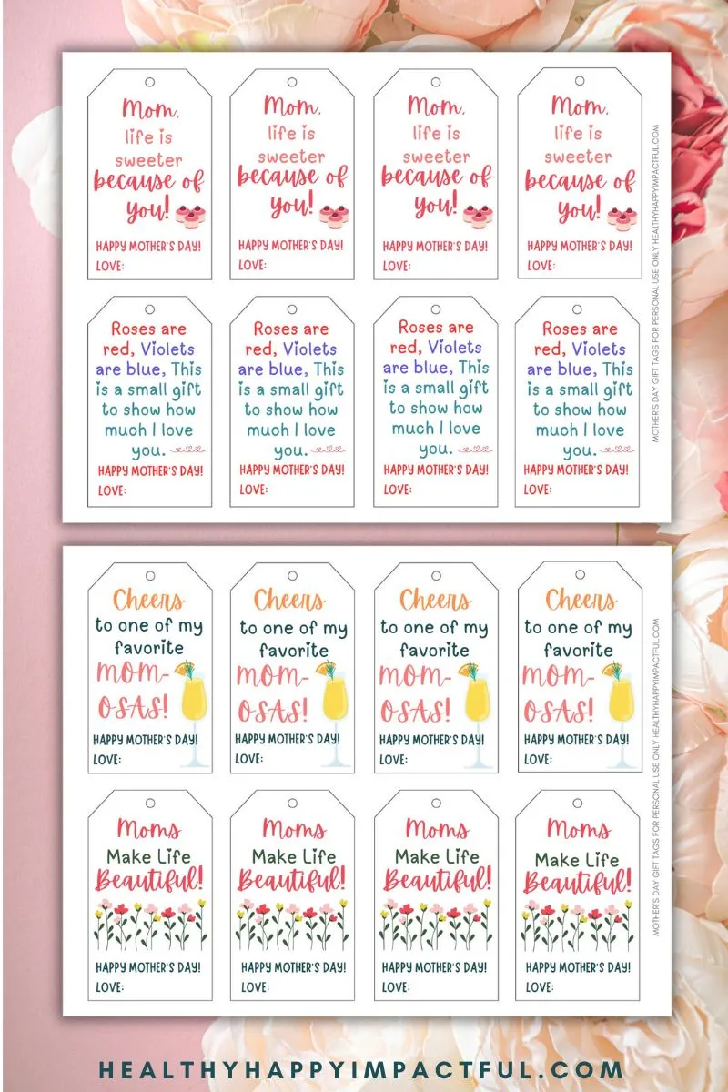 mother's day tags free printables; happy; free to print; message flowers; color