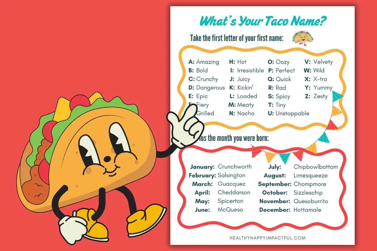 taco names; cinco de mayo activity and games; free printable pdf