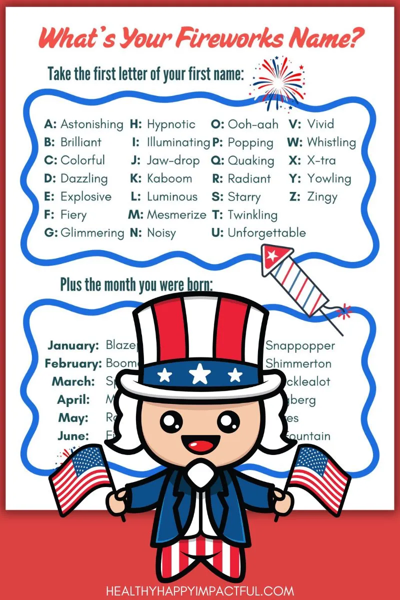 what's your fireworks name; july 4th; generator; game; free printable