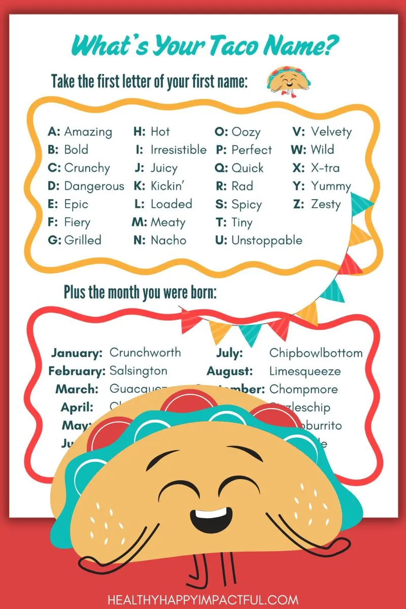 cinco de mayo games; funny taco name game generator pdf free printable; mexican; taco tuesday