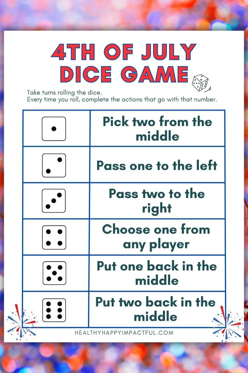 Free printable 4th of July candy dice game for kids and adults