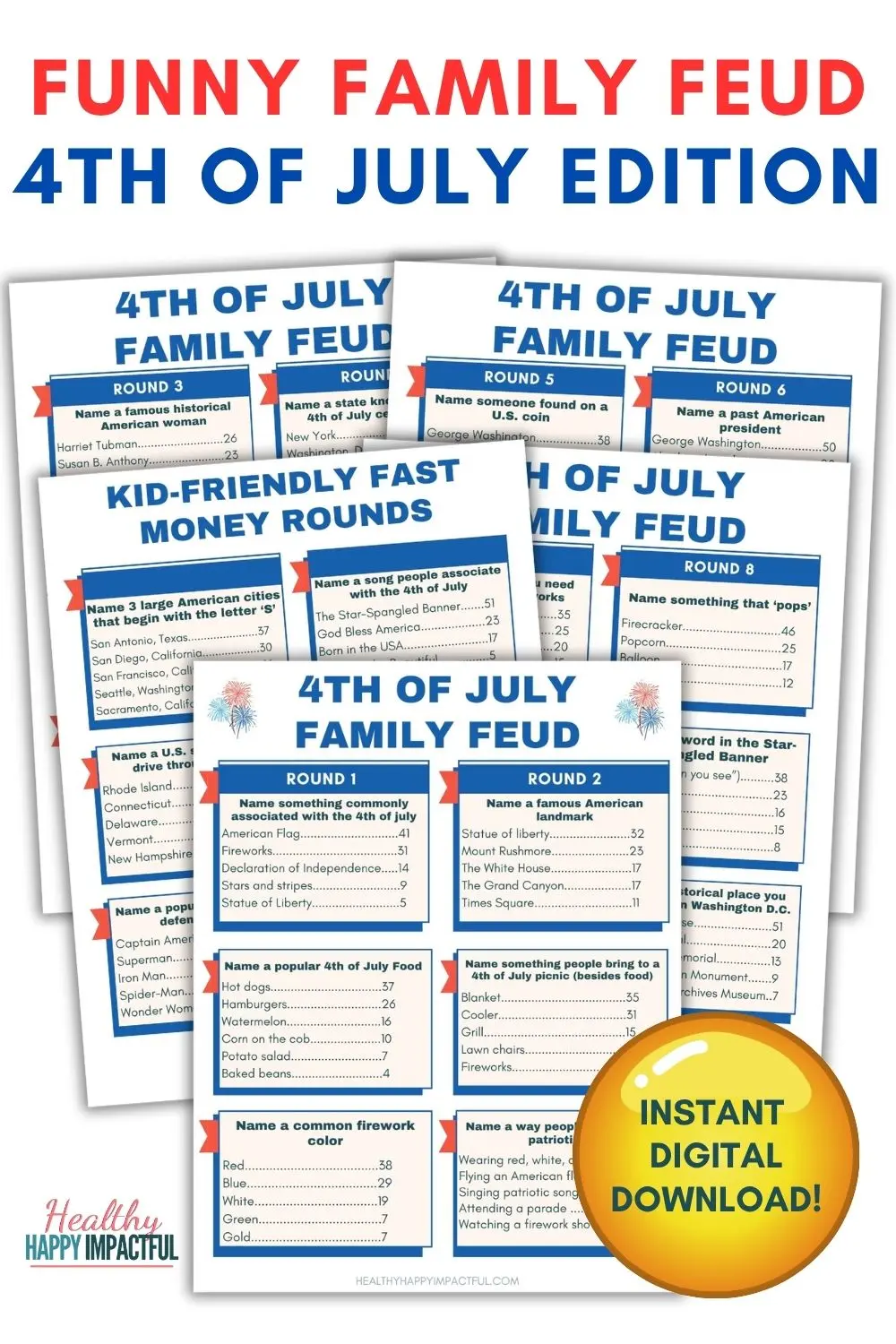 4th of July family feud kid friendly for Independence Day printable set game