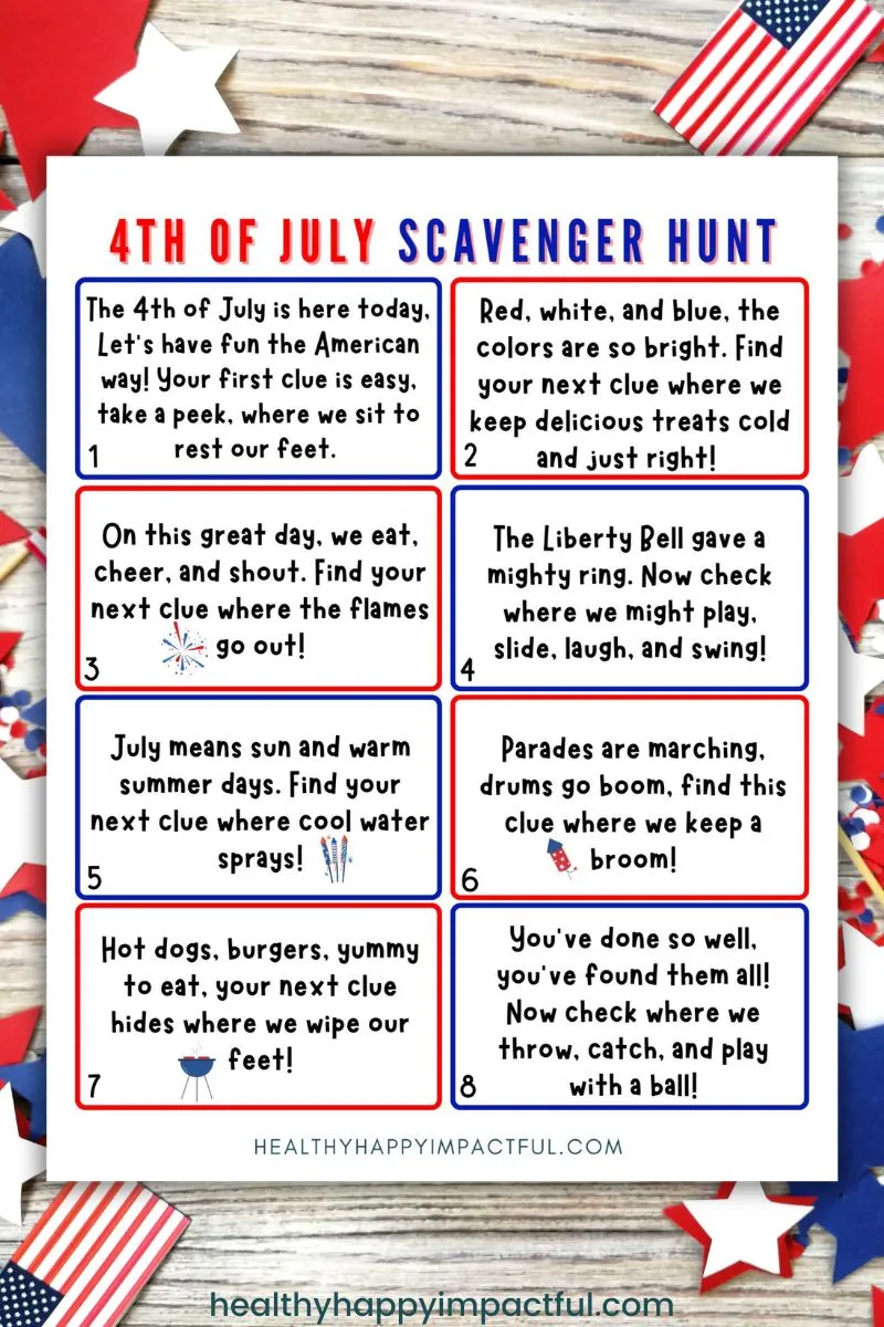 4th of July scavenger hunt riddles; games; free printable; fireworks; for kids fun; outdoor