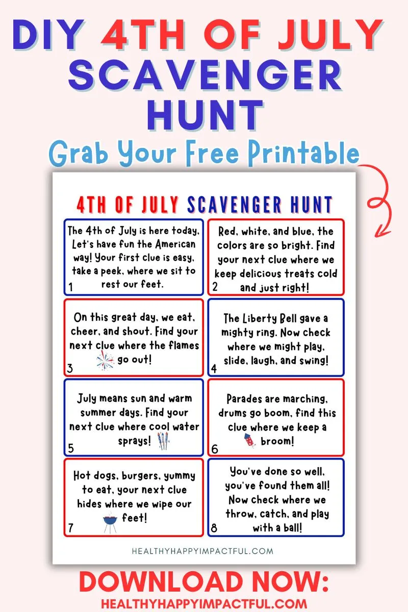 4th of July scavenger hunt free printable clues; activities; riddles; games for kids