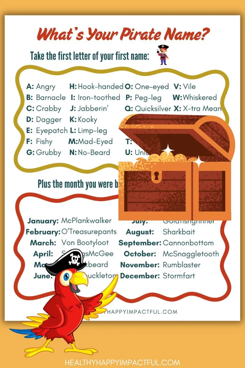 what's your pirate name; generator for kids; free printable activity