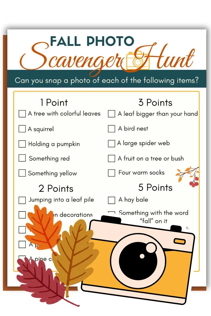 free printable fall photo scavenger hunt for kids, teens, adults; lists; ideas; fun