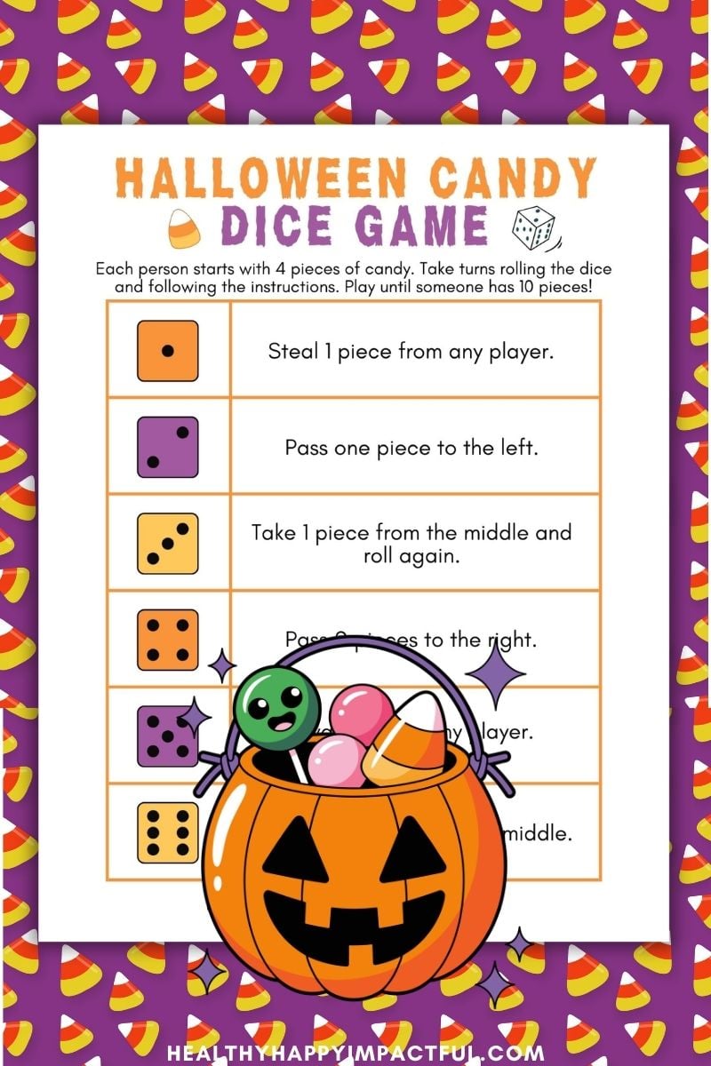 Halloween candy dice game; activities; free printable