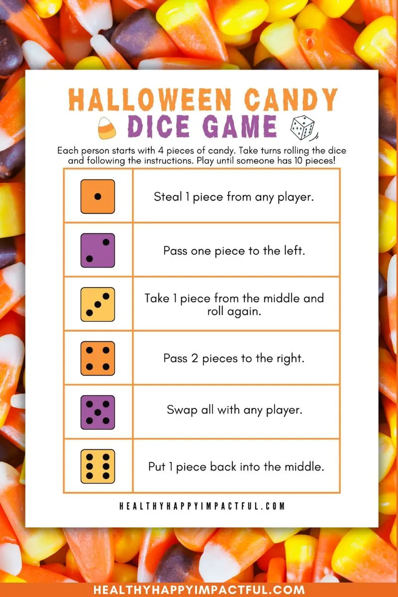 Halloween candy dice game; activities; free printable
