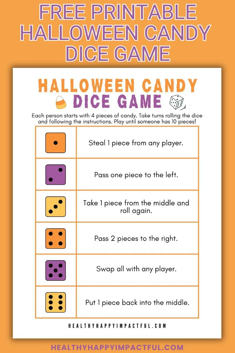 Halloween candy roll party dice game free printable for kids