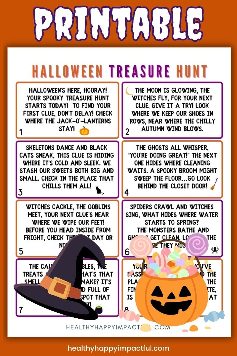 printable Halloween treasure hunt for kids with clues and riddles; scavenger
