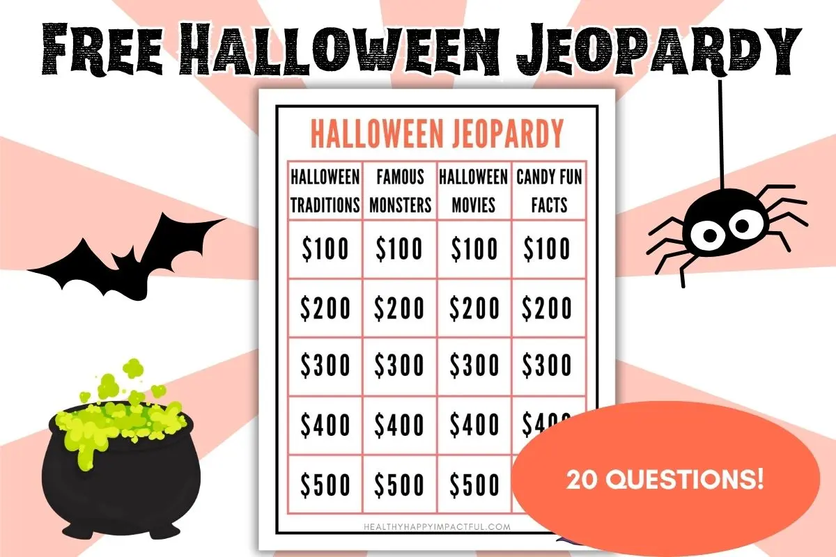 Free Halloween jeopardy game pdf printables for kids, teens, adults, spooky and silly featured image