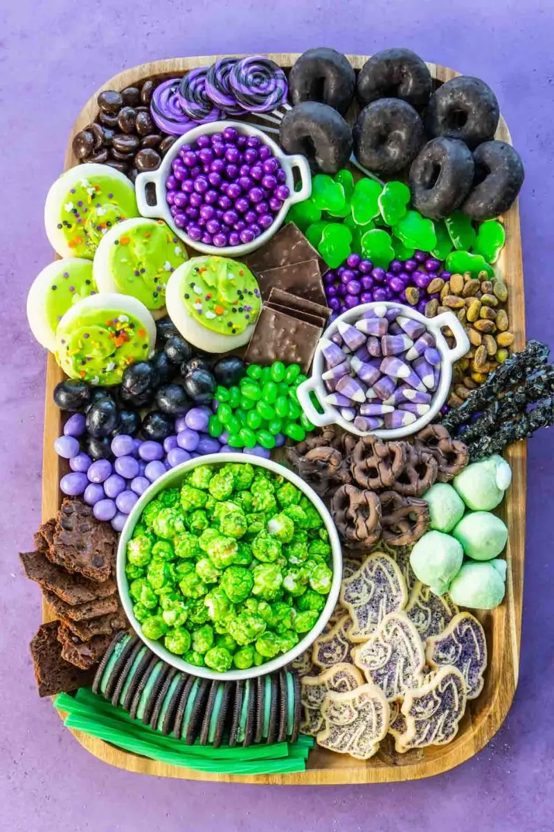 green, black, purple Halloween dessert board