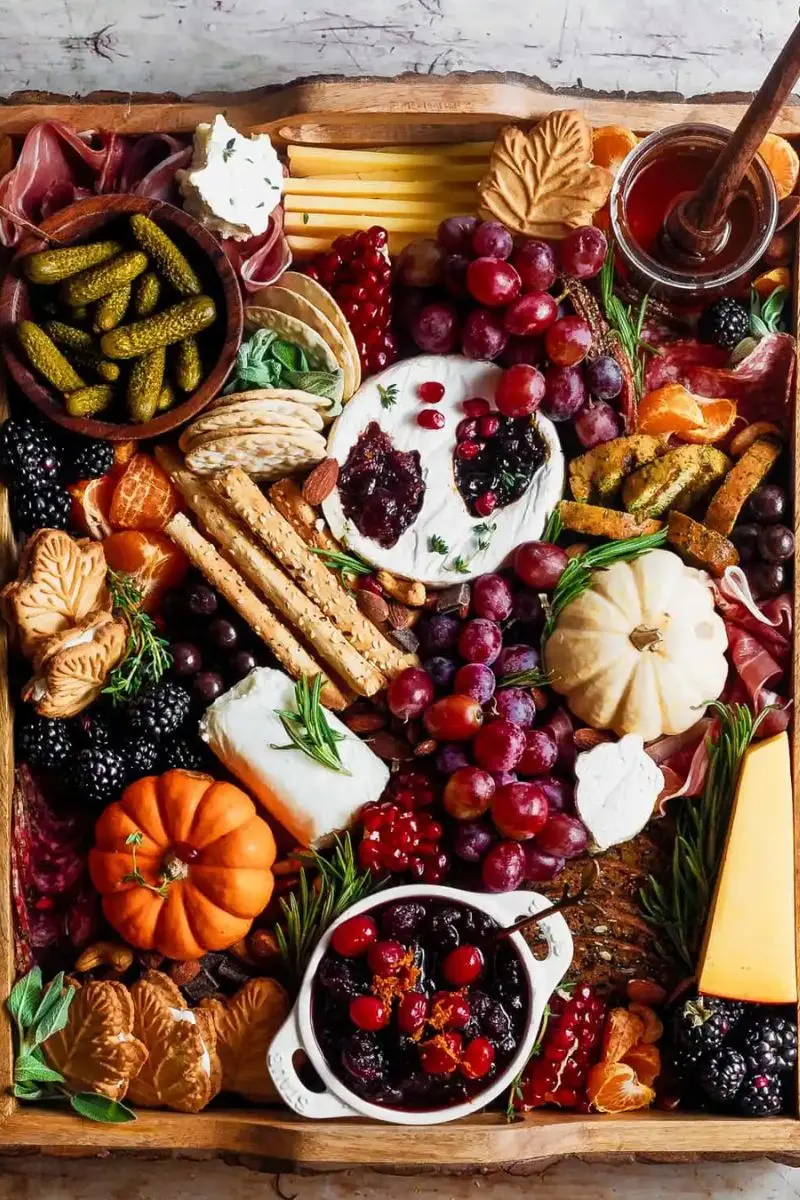 fall leaves cheese board with grapes