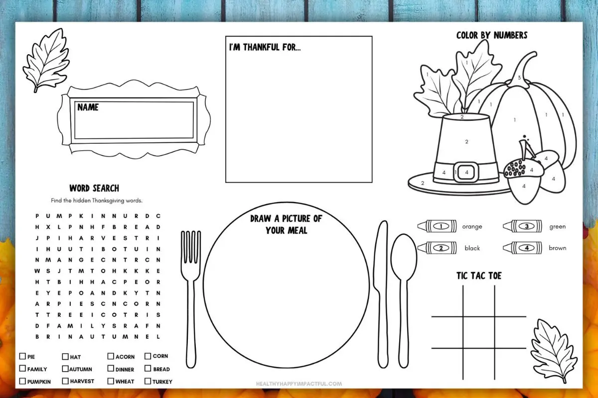 free printable Thanksgiving placemat for kids to color