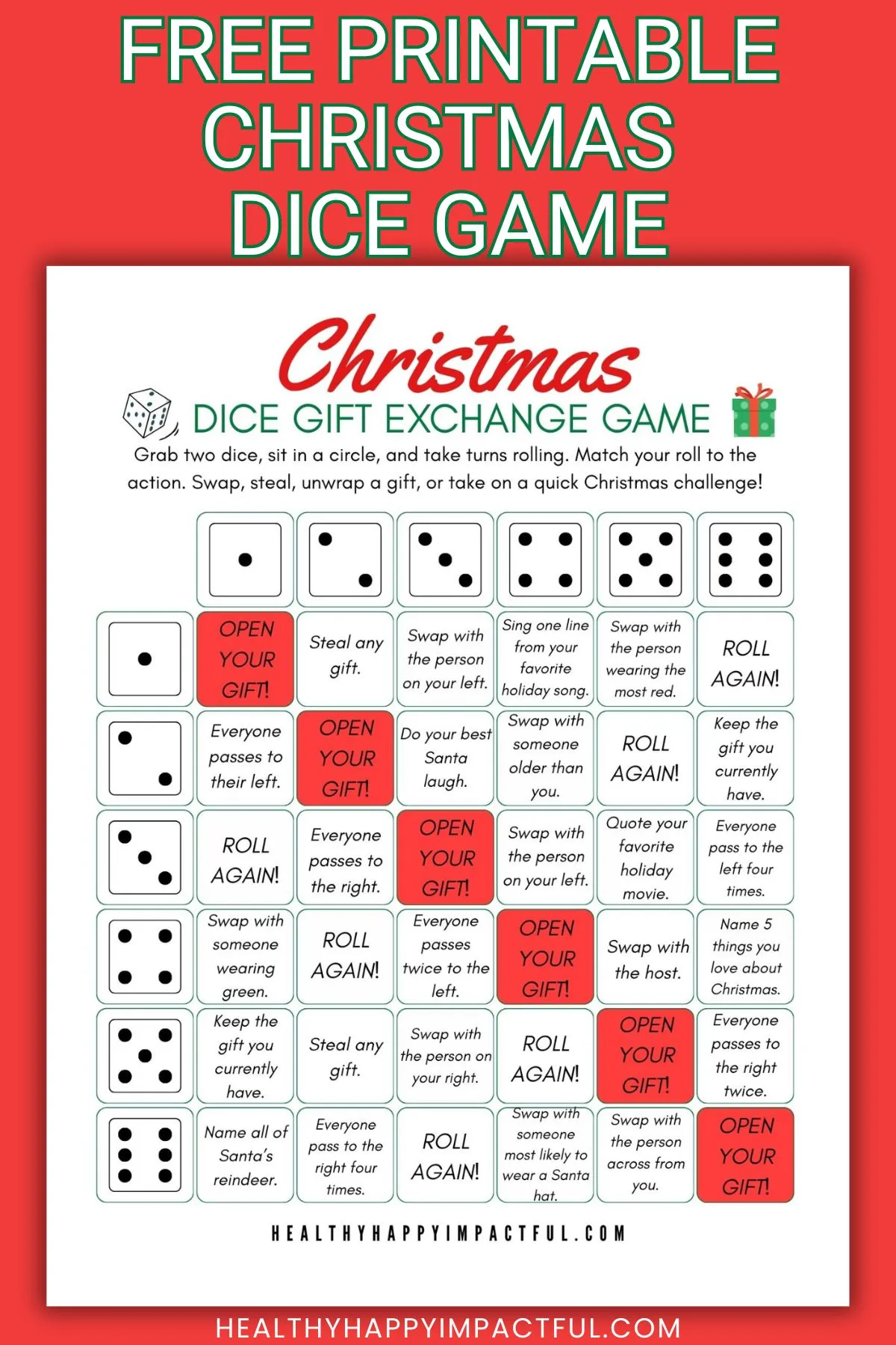 free printable Christmas dice gift exchange game for kids and family