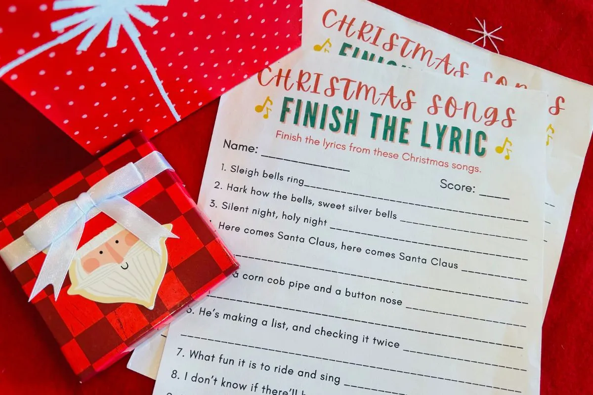finish the lyrics Christmas songs game fee printable gift exchange