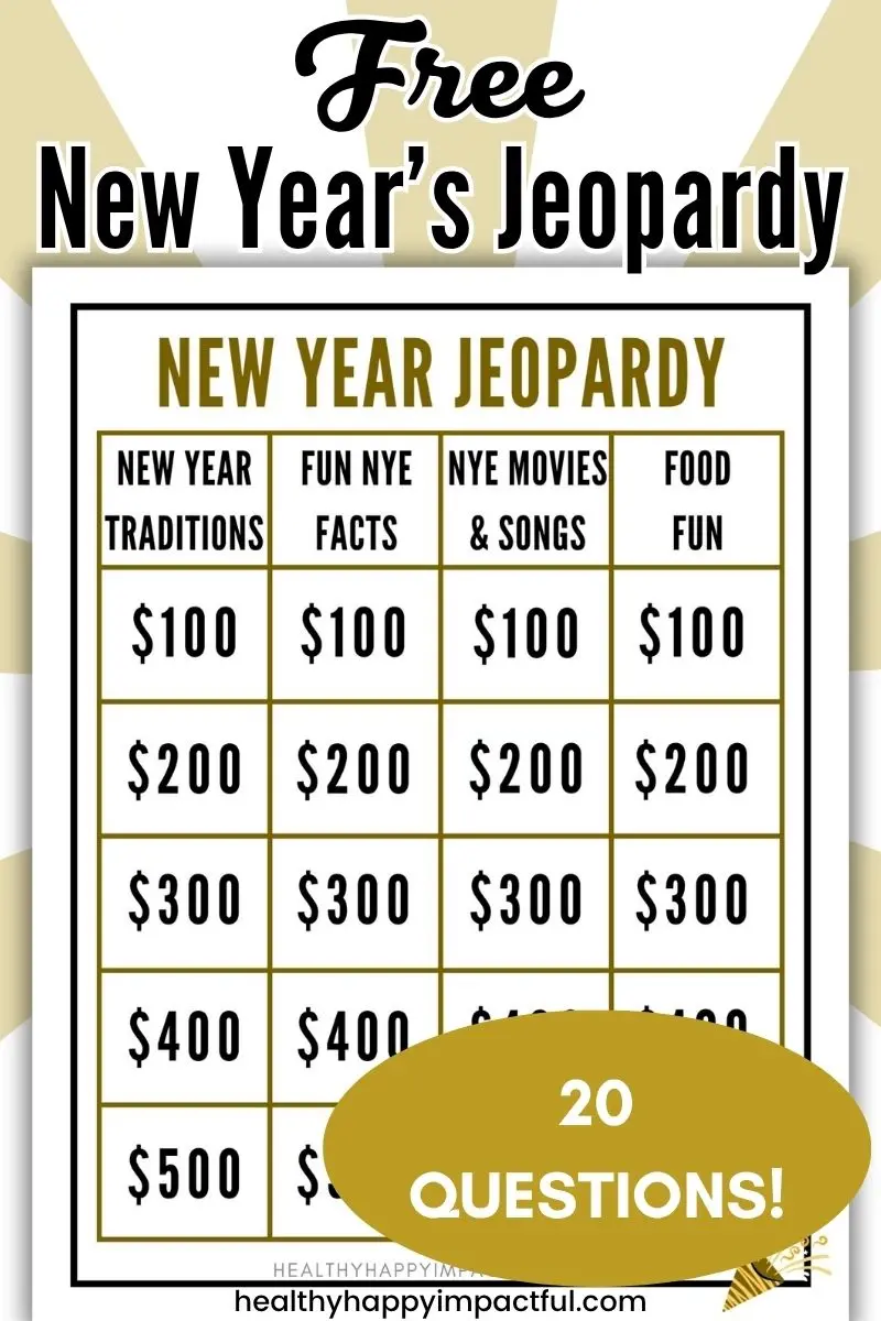 free printable New Year's Eve jeopardy game to play with kids, teens, adults, party games