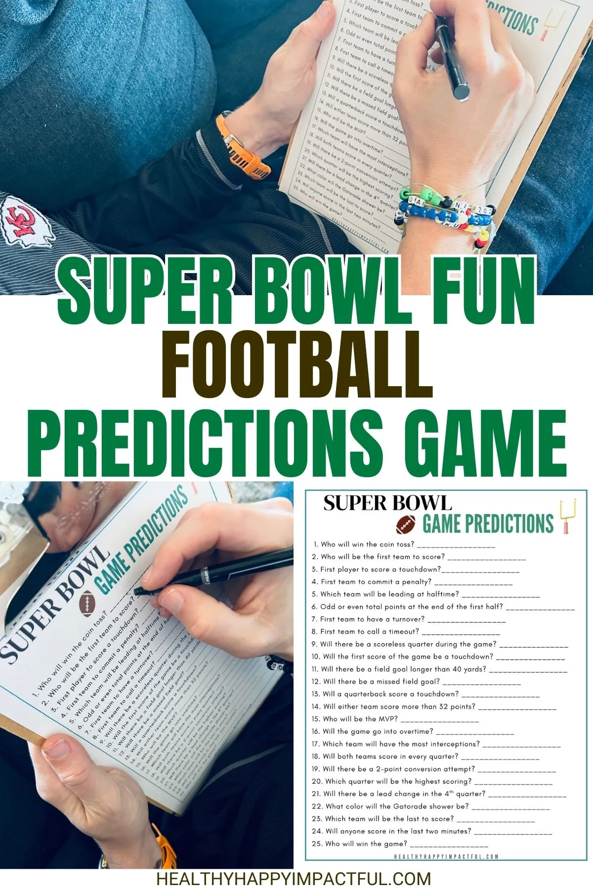 Super Bowl football predictions; guessing question party game game