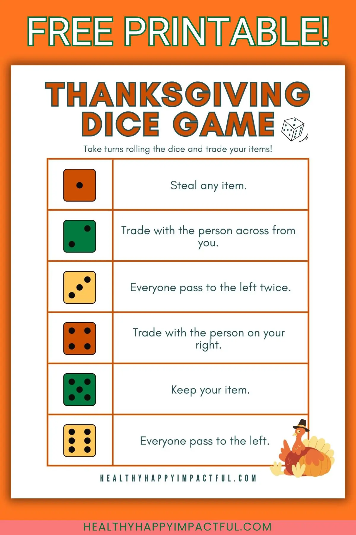 Thanksgiving dice game free printable