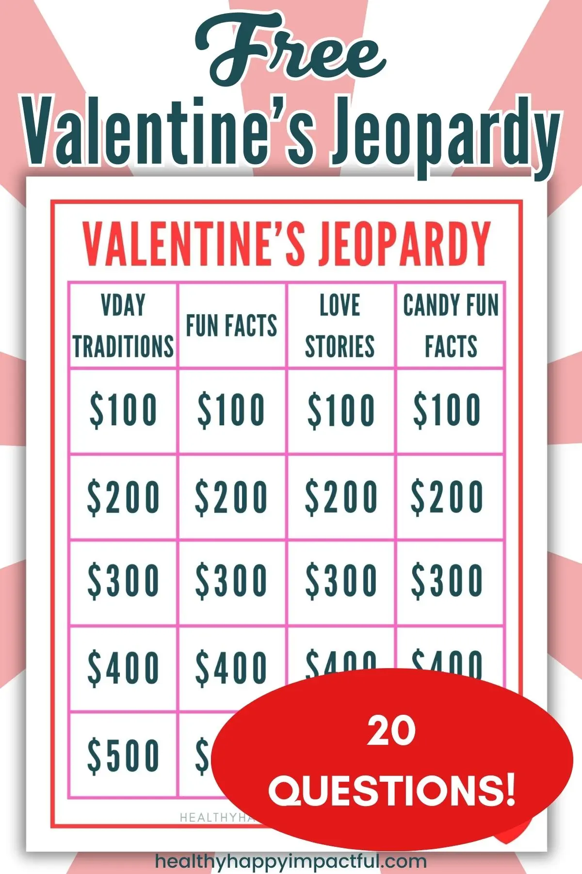 jeopardy trivia questions and categories for Valentine's Day party games, free printable