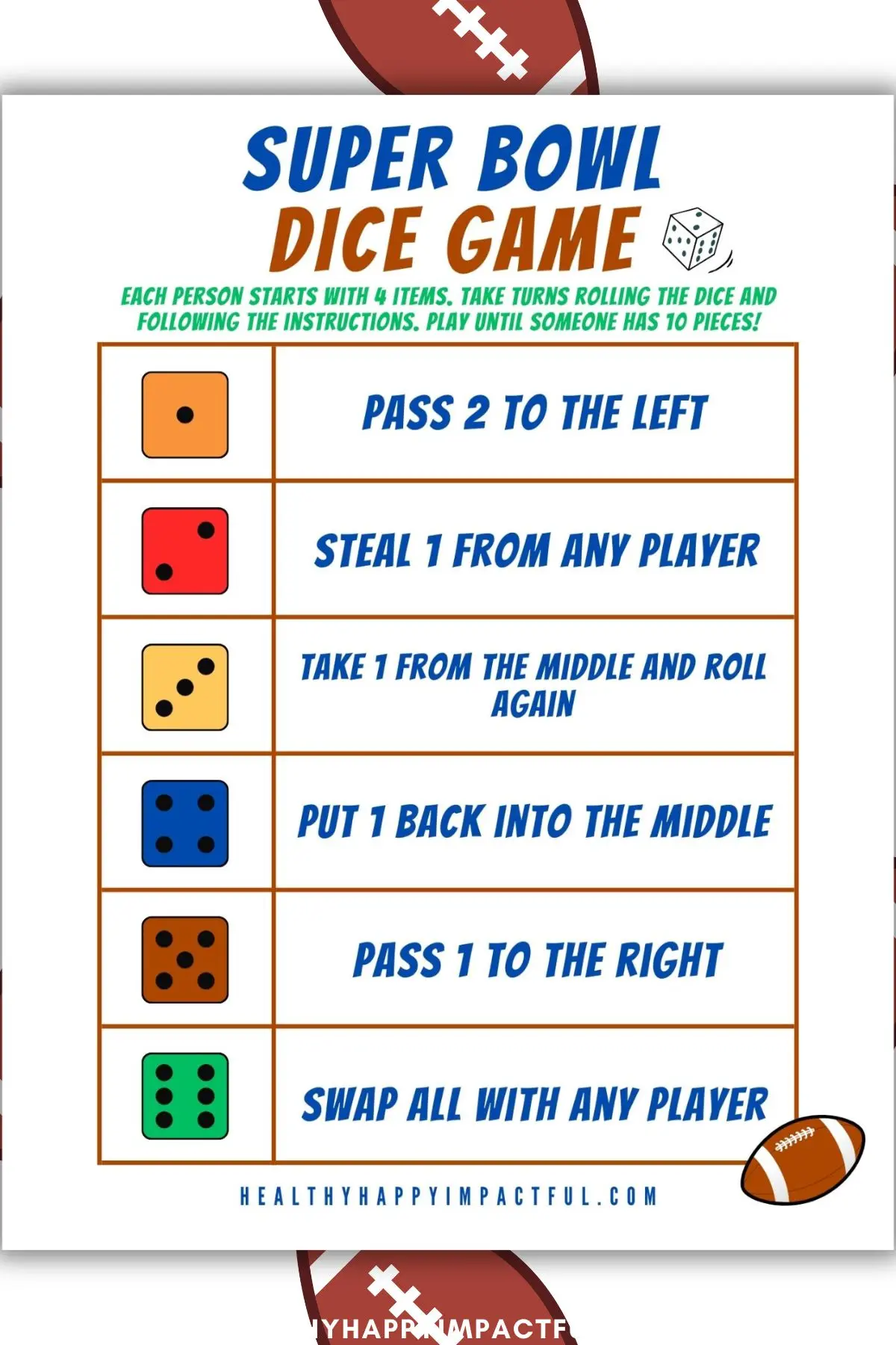 super bowl candy snacks dice game free printable pdf