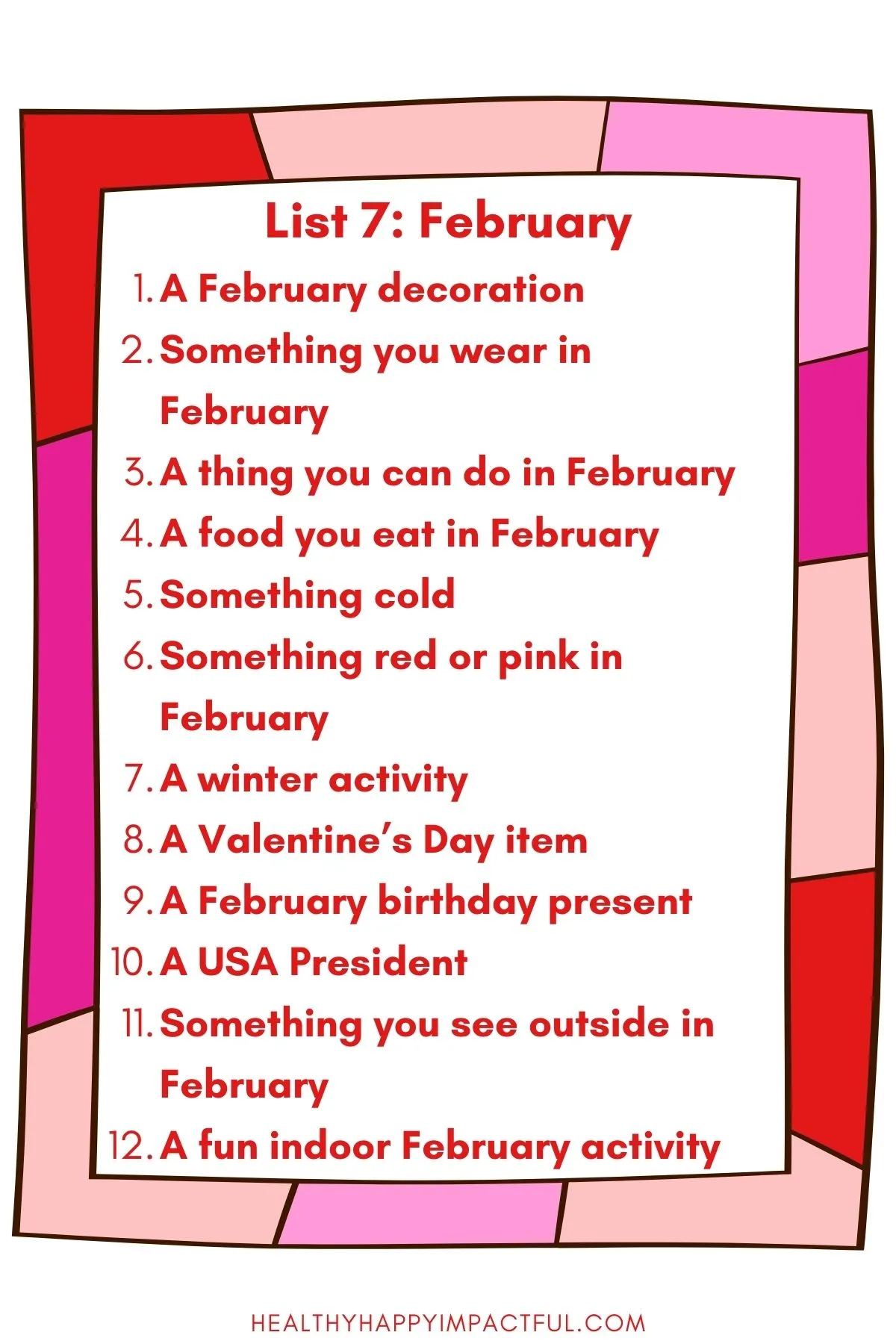 List 7: February: Valentine's Day scattergories categories game free printable 