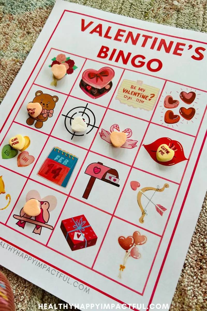 love Valentine bingo example card for kids, preschool, toddlers, kindergarten, elementary