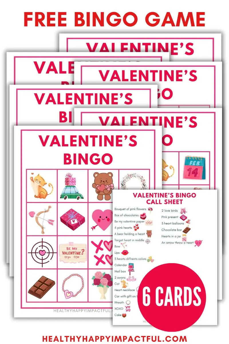 Valentine's Day bingo game cards, free pdf printables game