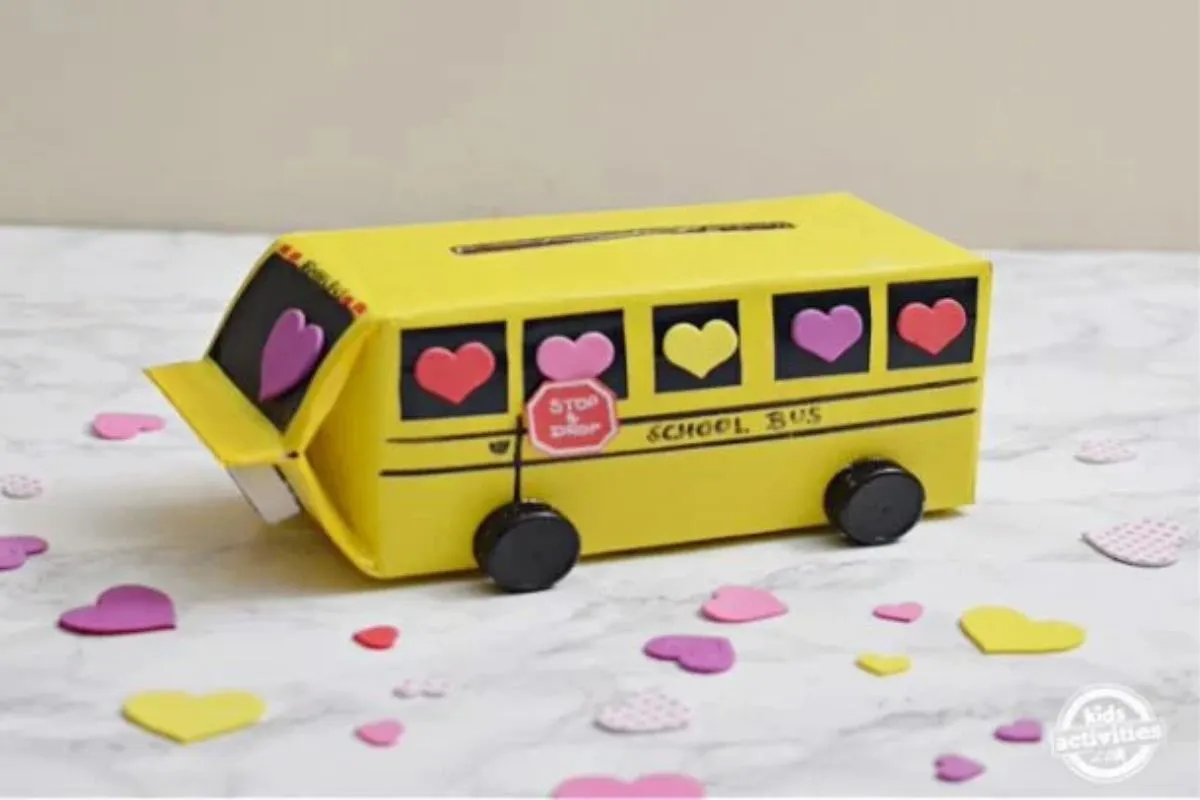 school bus Valentine's Day box ideas for boys and girls; DIY