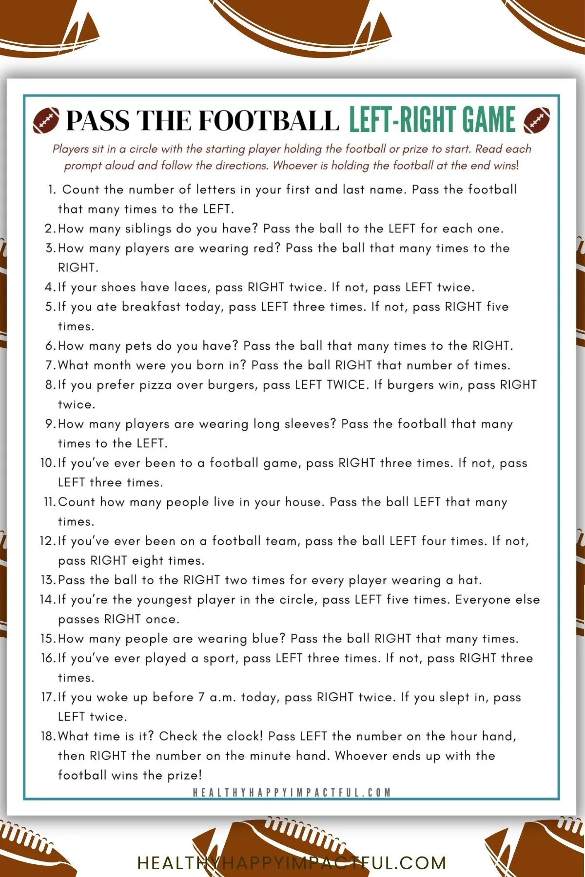 football left right game free printable; Super Bowl party games for kids and adults