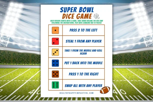super bowl snacks candy dice game free printable pdf