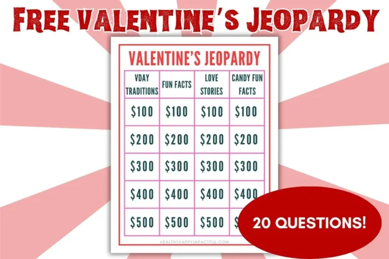 Valentine's Day Jeopardy free printable game for parties, family