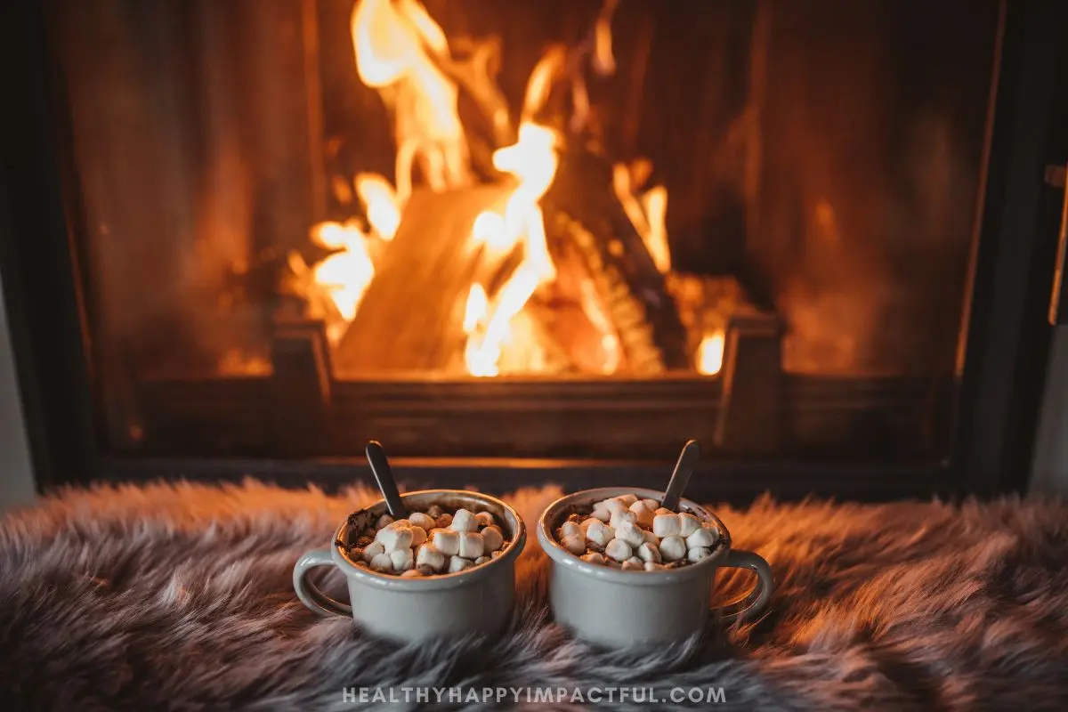 hot chocolate in front of a fire
