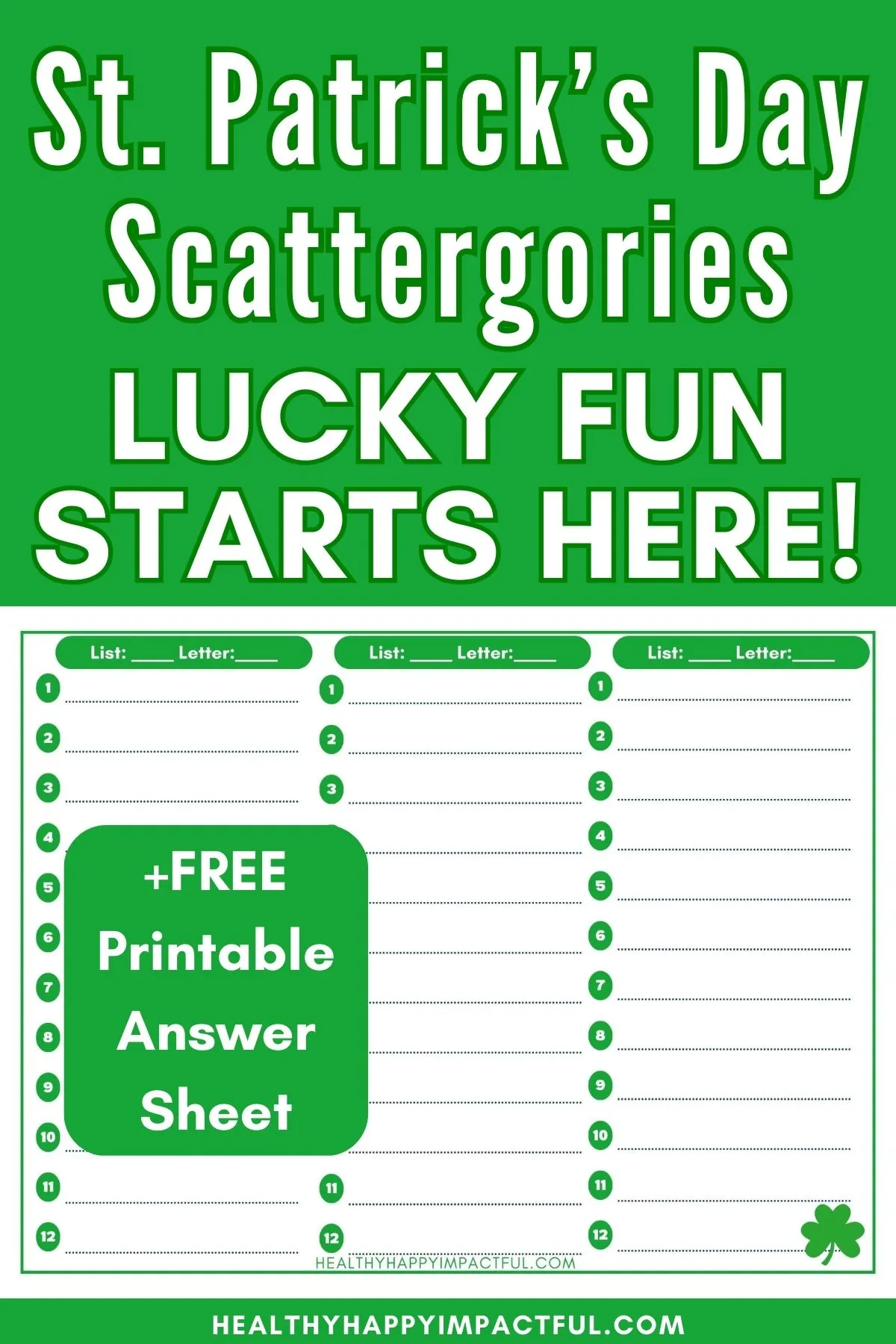 St. Patrick's Day scattergories printable answer sheet