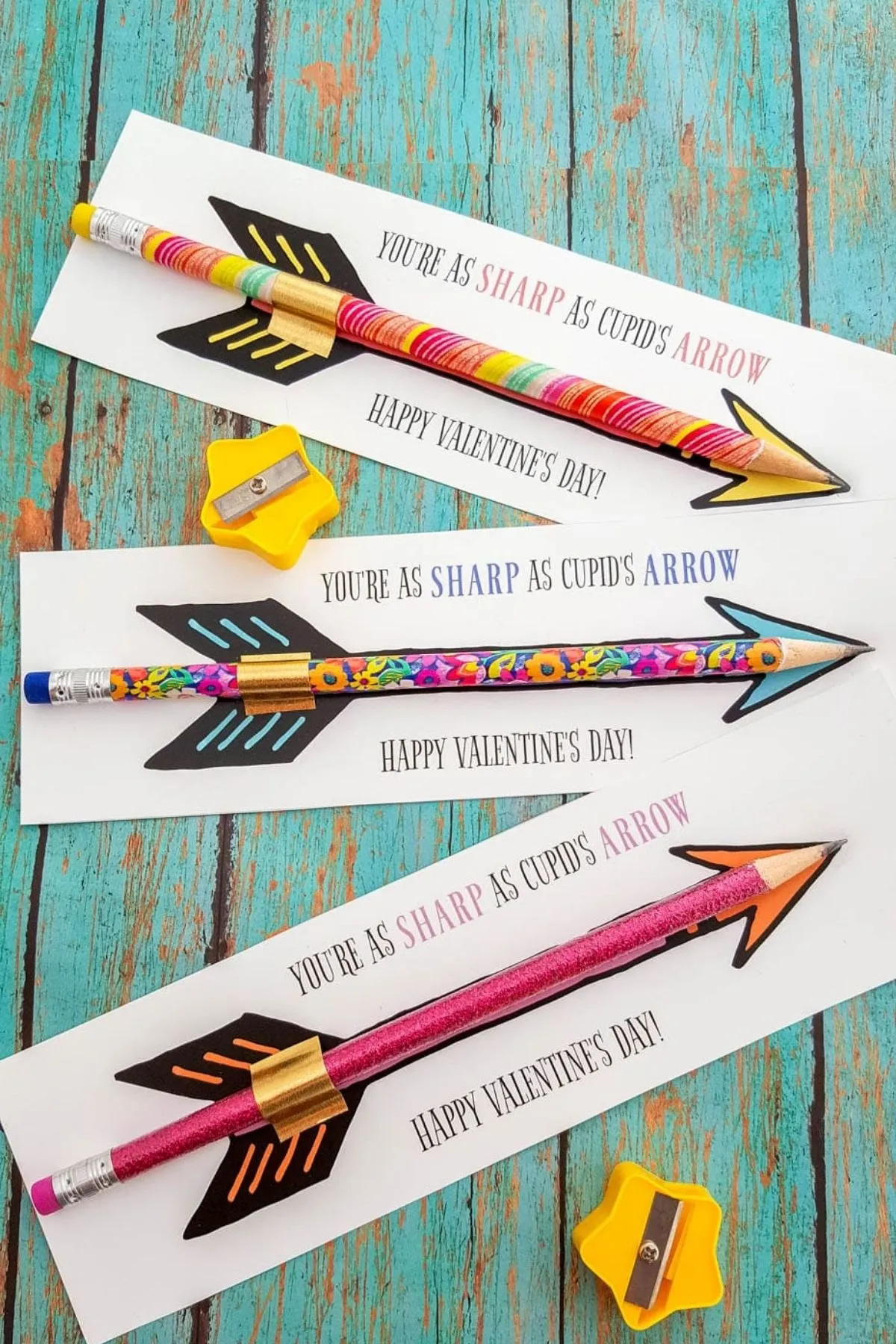 cupid's arrow pencil printable Valentine's Day cards for kids; easy; for school