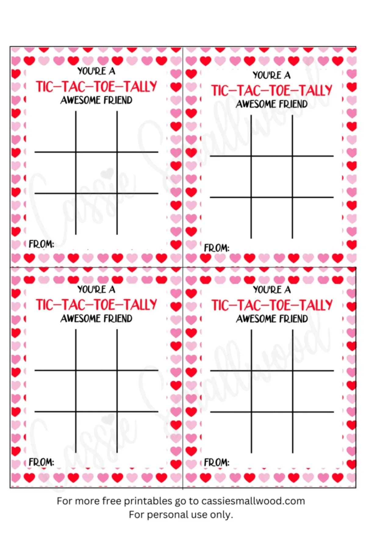 tic tac toe Valentine's cards for kids; easy; printable