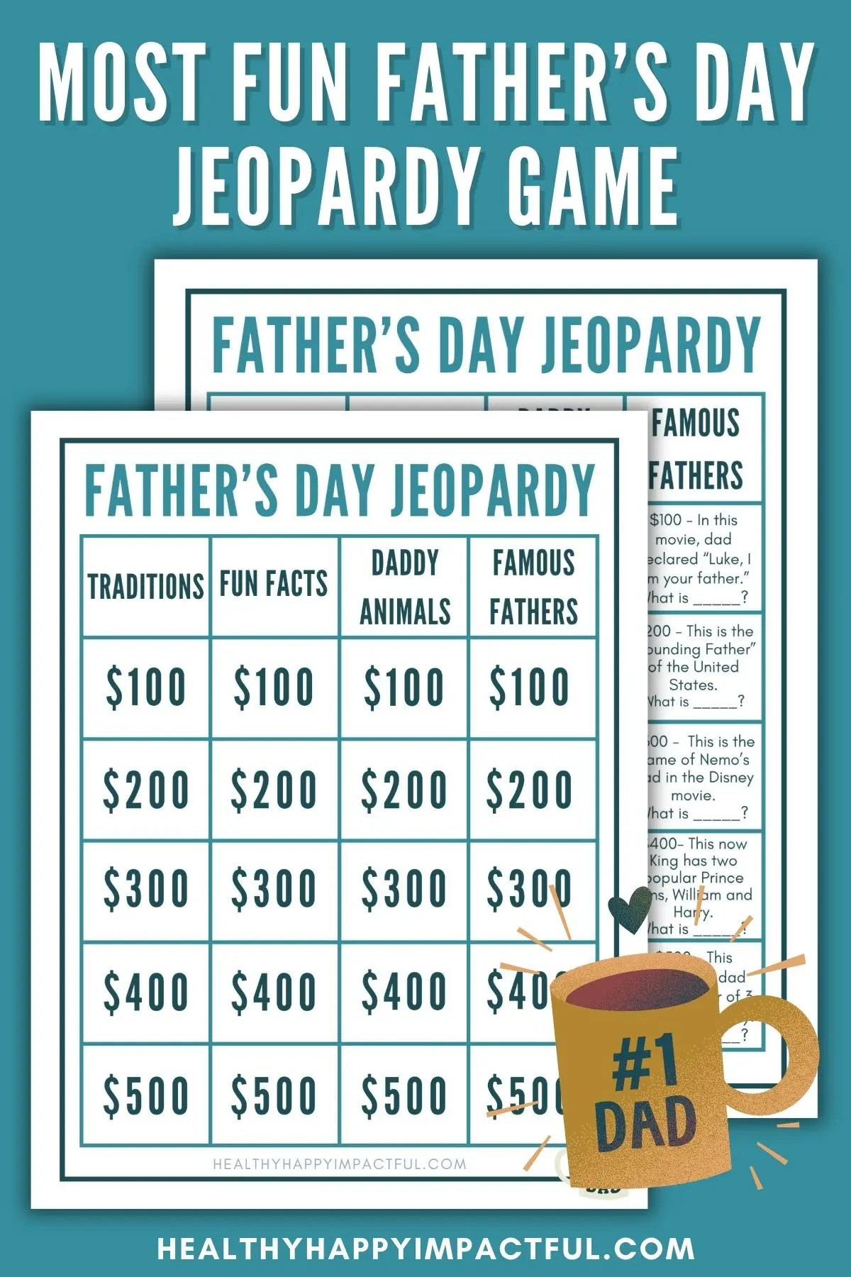free pdf printable Father's Day Jeopardy game questions for kids, teens, adults