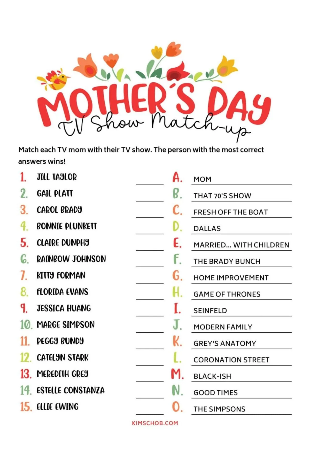 mother's day games; tv match up