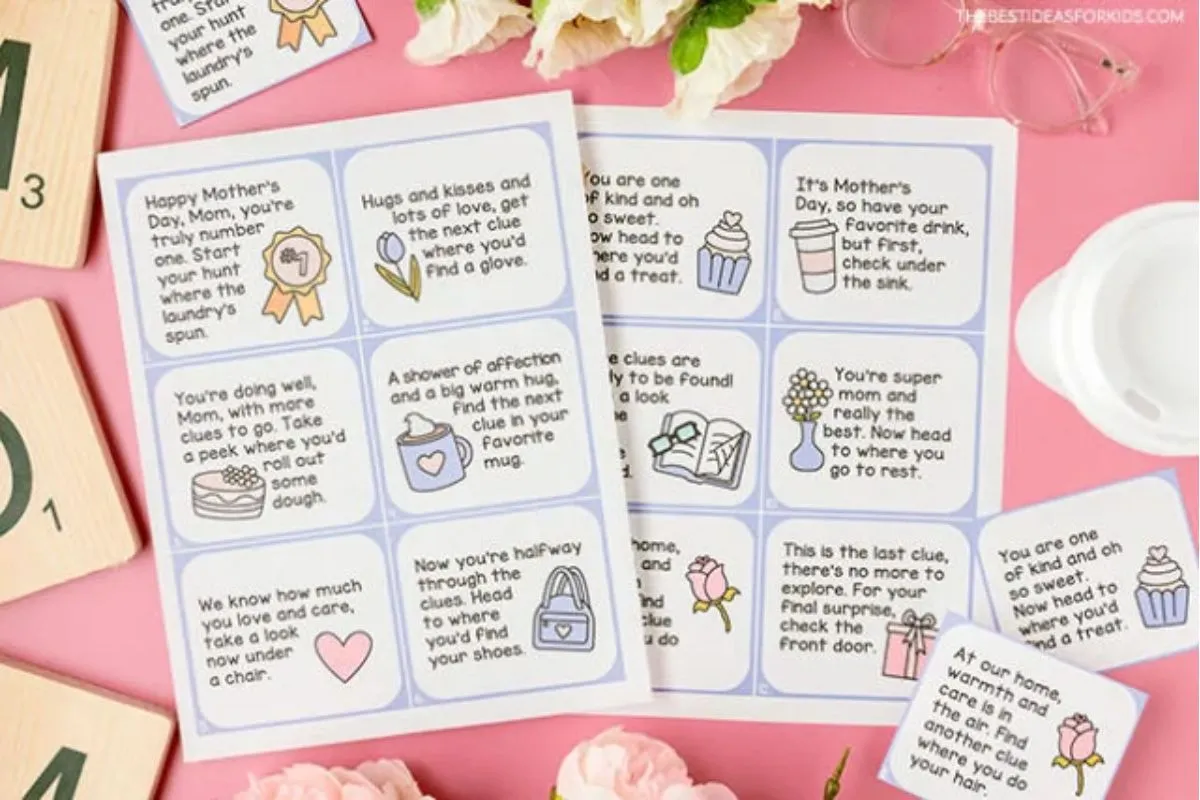 Mother's day scavenger hunt games for kids; fun; adults; happy