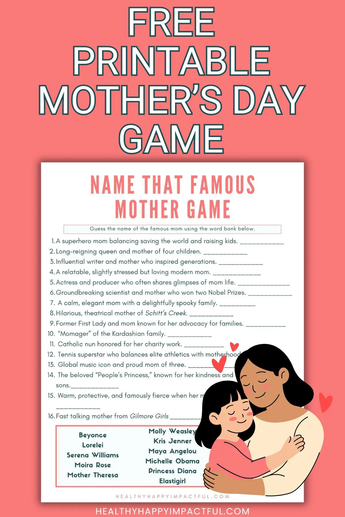 free printable mother's day game, name that famous mom