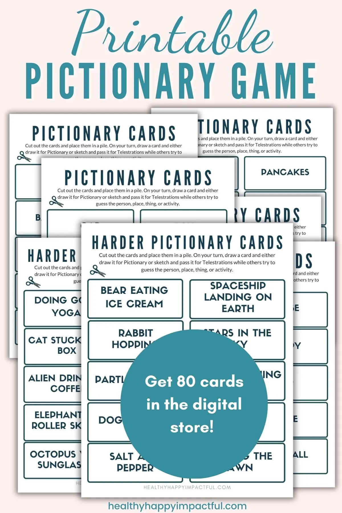 Pictionary word list printables game; diy